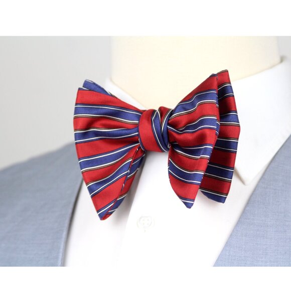 Men's Self-tied Bow Tie 100%Silk Big Butterfly Red Blue Stripe S728 - Picture 8 of 8